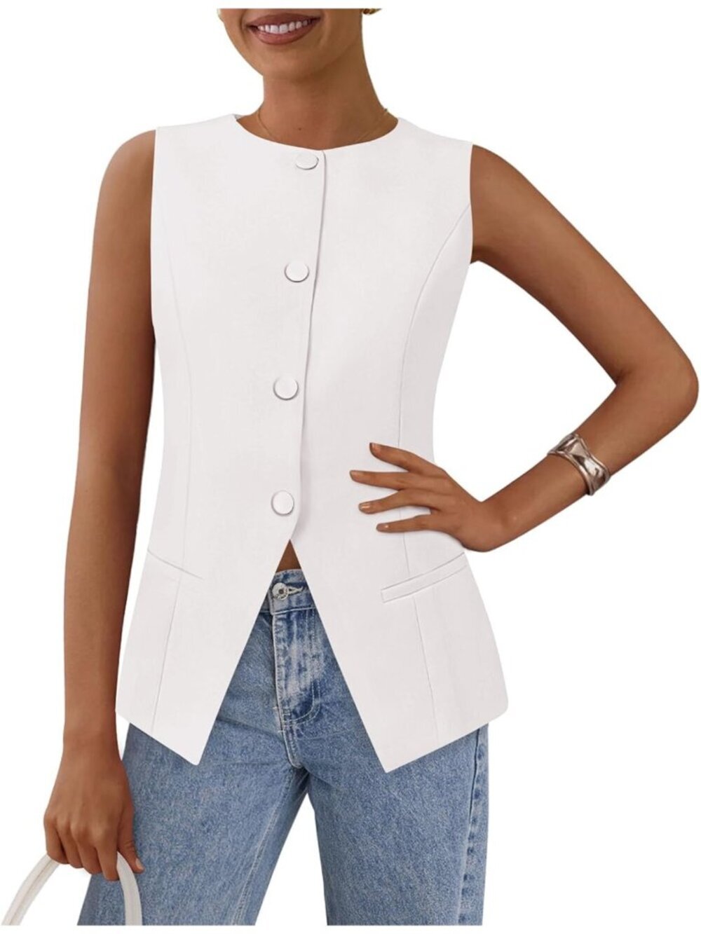 Women's White Summer Suit Vest Tops Business Casual Sleeveless Button Down